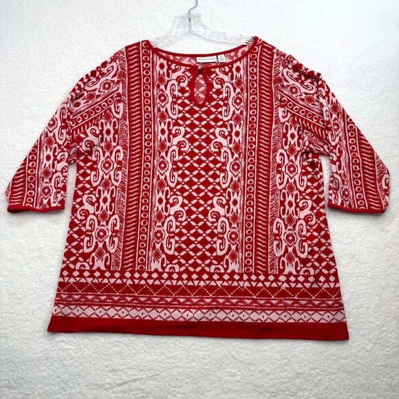 Susan Graver Liquid Knit Top Bold Red Print Keyhole Front Travel Comfort Size 1X - Picture 4 of 10